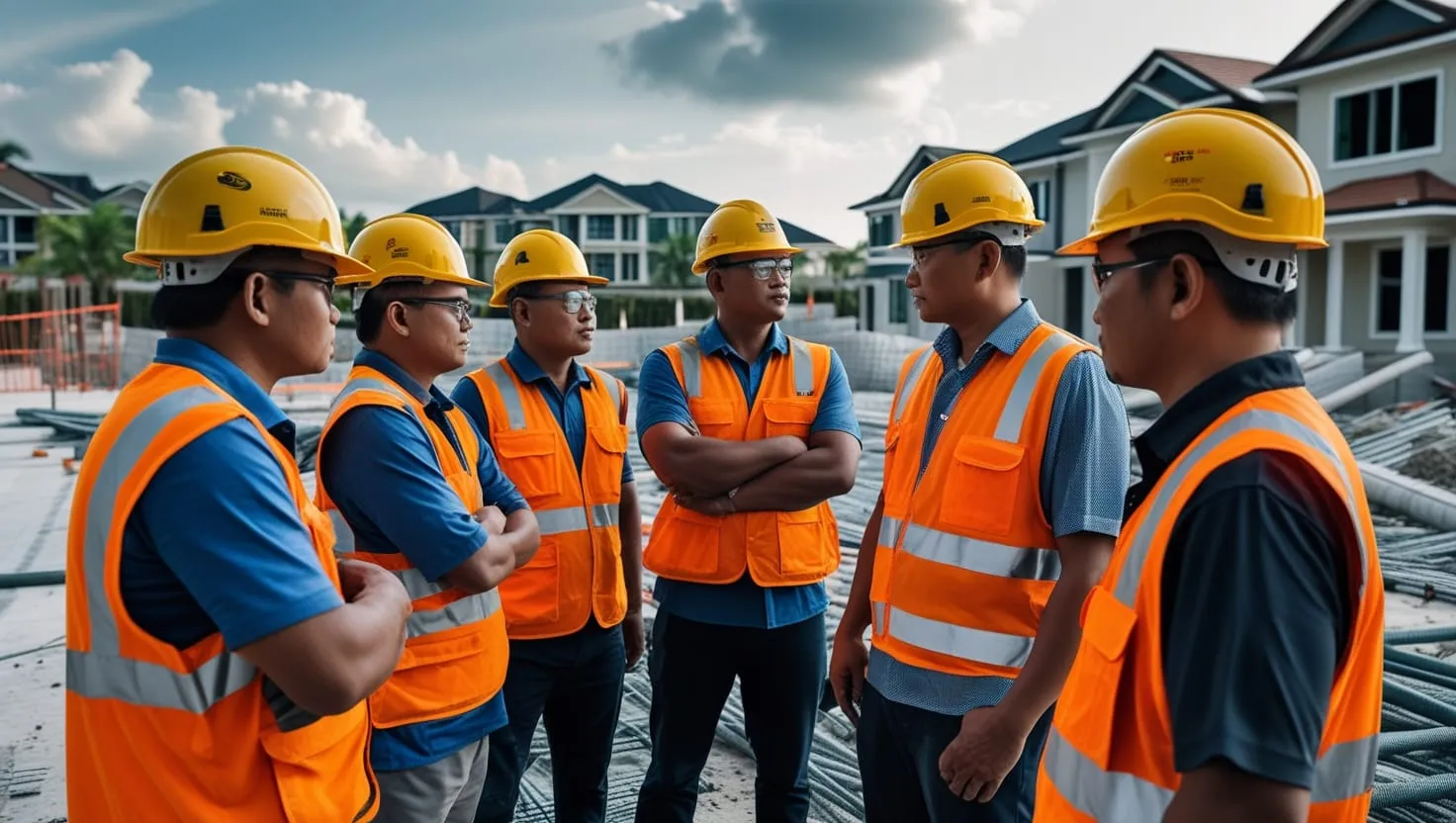 Group of Malaysian construction workers attending safety briefing at site