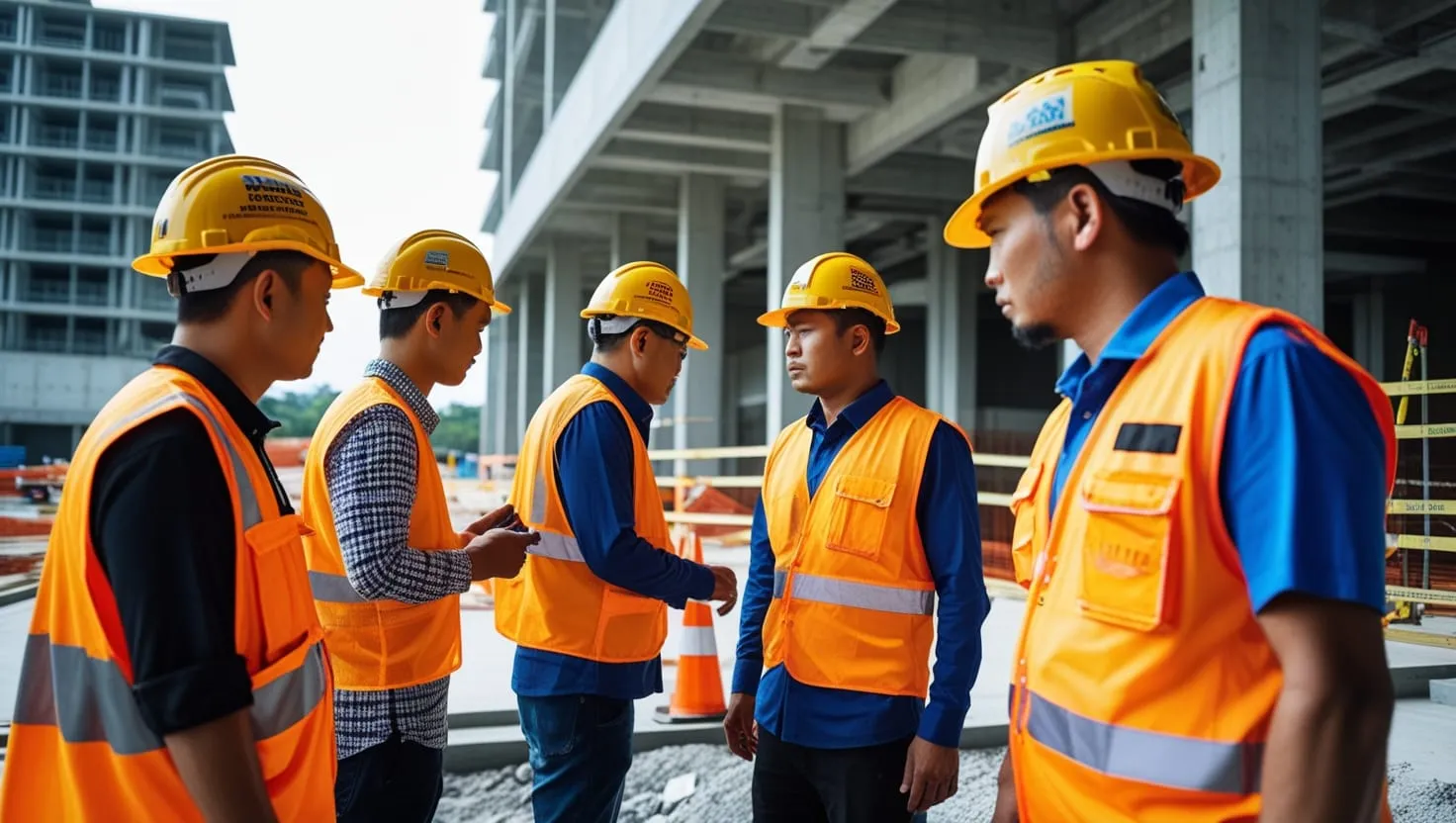 Construction workers with safety equipment at building site entrance