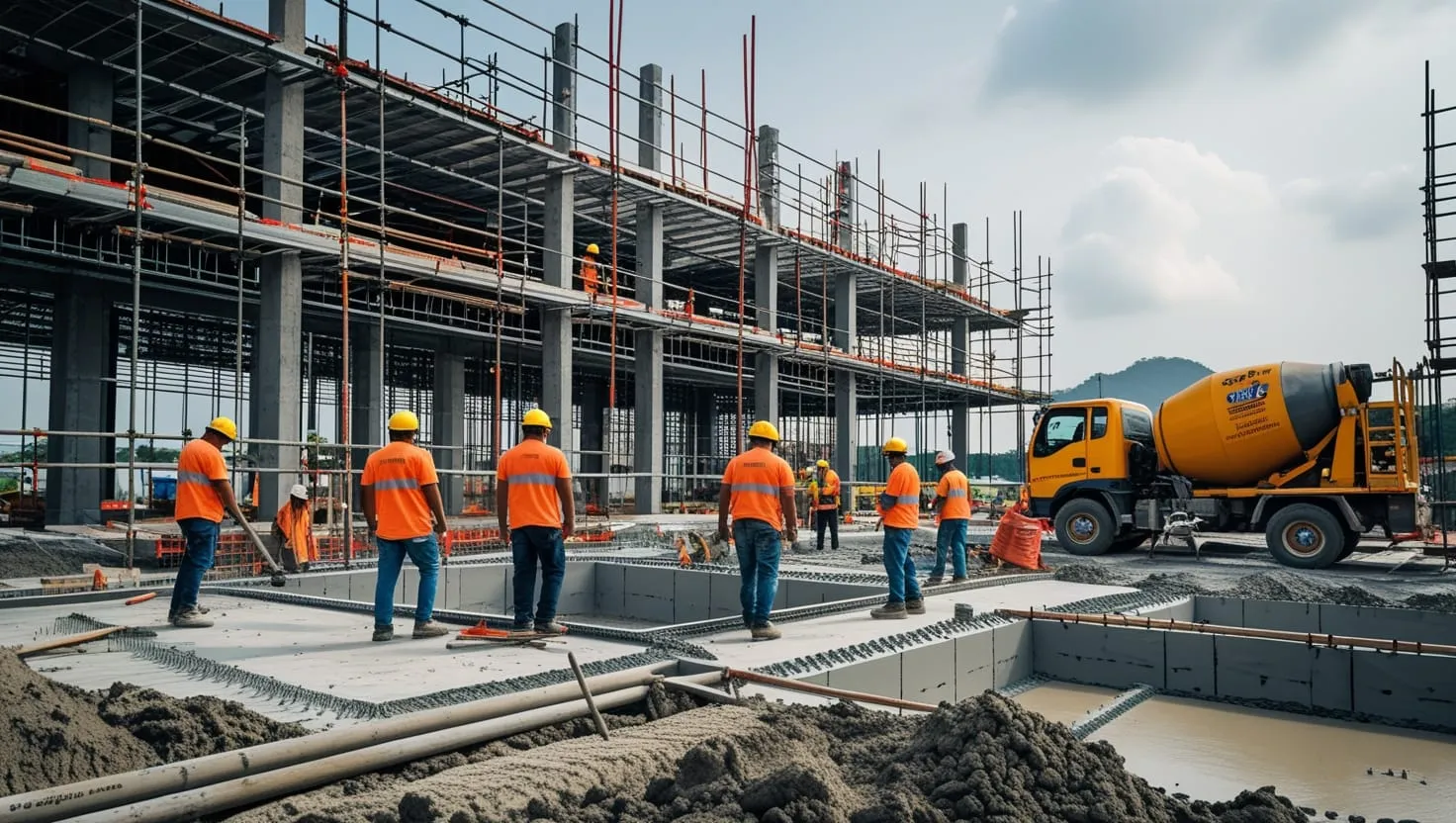 Kontraktor Malaysia di tapak bina bangunan komersial dengan topi keselamatan dan vest berketerampilan tinggi - panduan lesen kontraktor G4