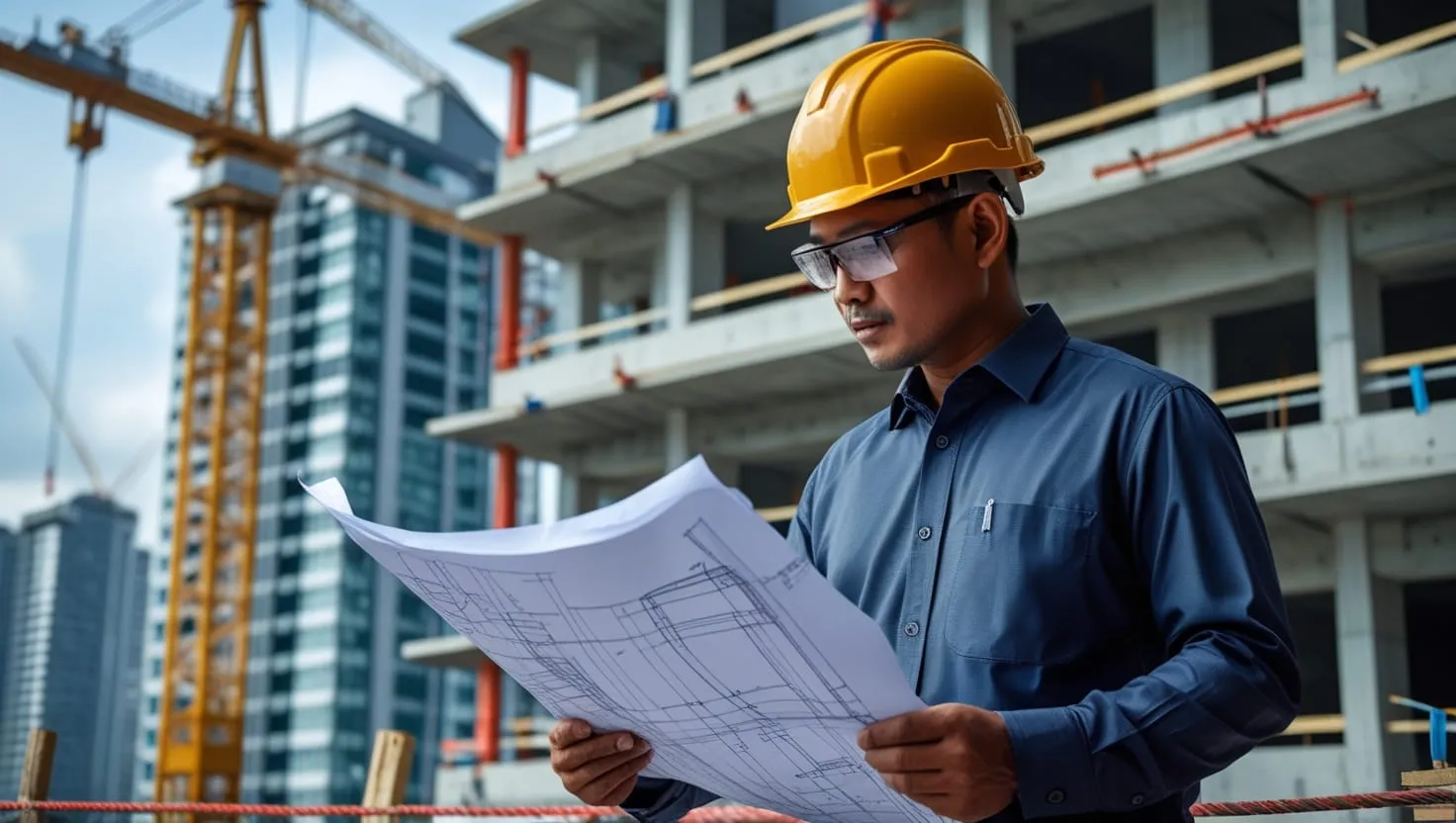 Professional Malaysian contractor manager reviewing construction blueprints at site
