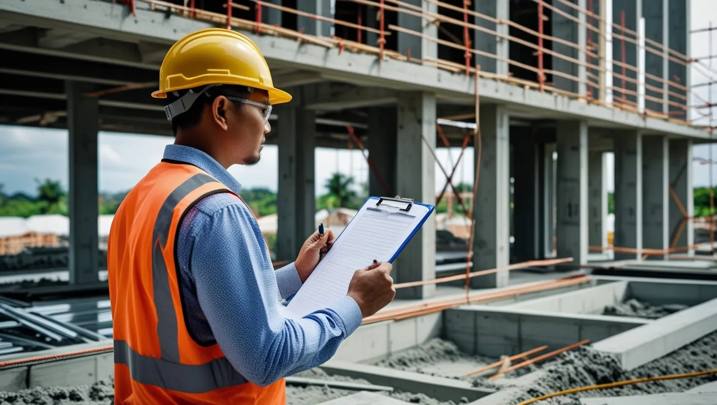 Pegawai audit SCORE CIDB memeriksa tapak binaan di Malaysia - panduan sijil SCORE untuk kontraktor